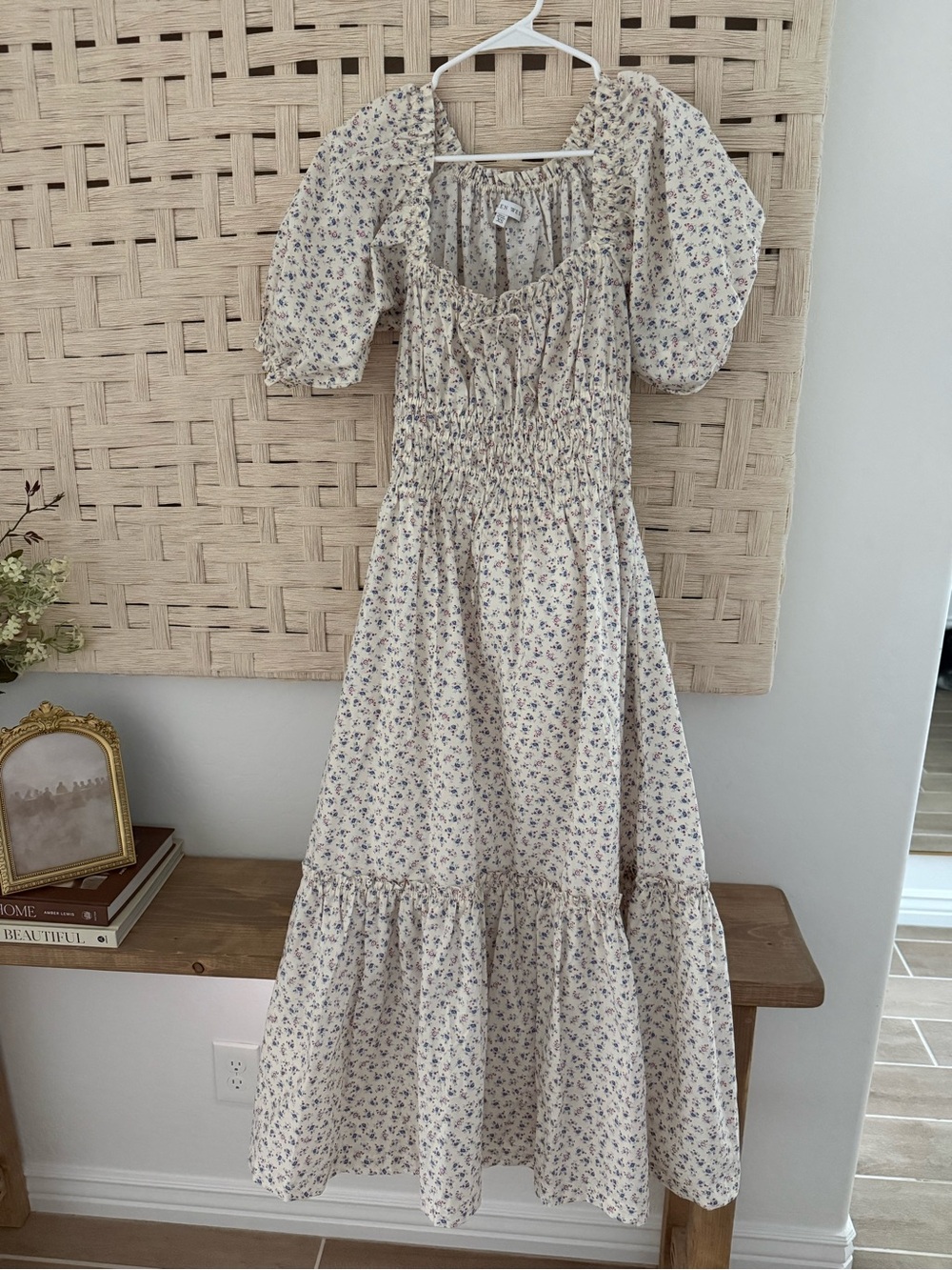 Eileen West Smocked Midi Dress with Puff Sleeves - Cream Floral